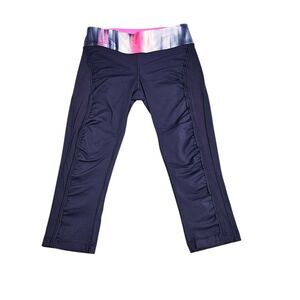 Lululemon Run Fast Free Ruffle‎ Crop Leggings Womens 6 Navy Blue Pink Drawstring